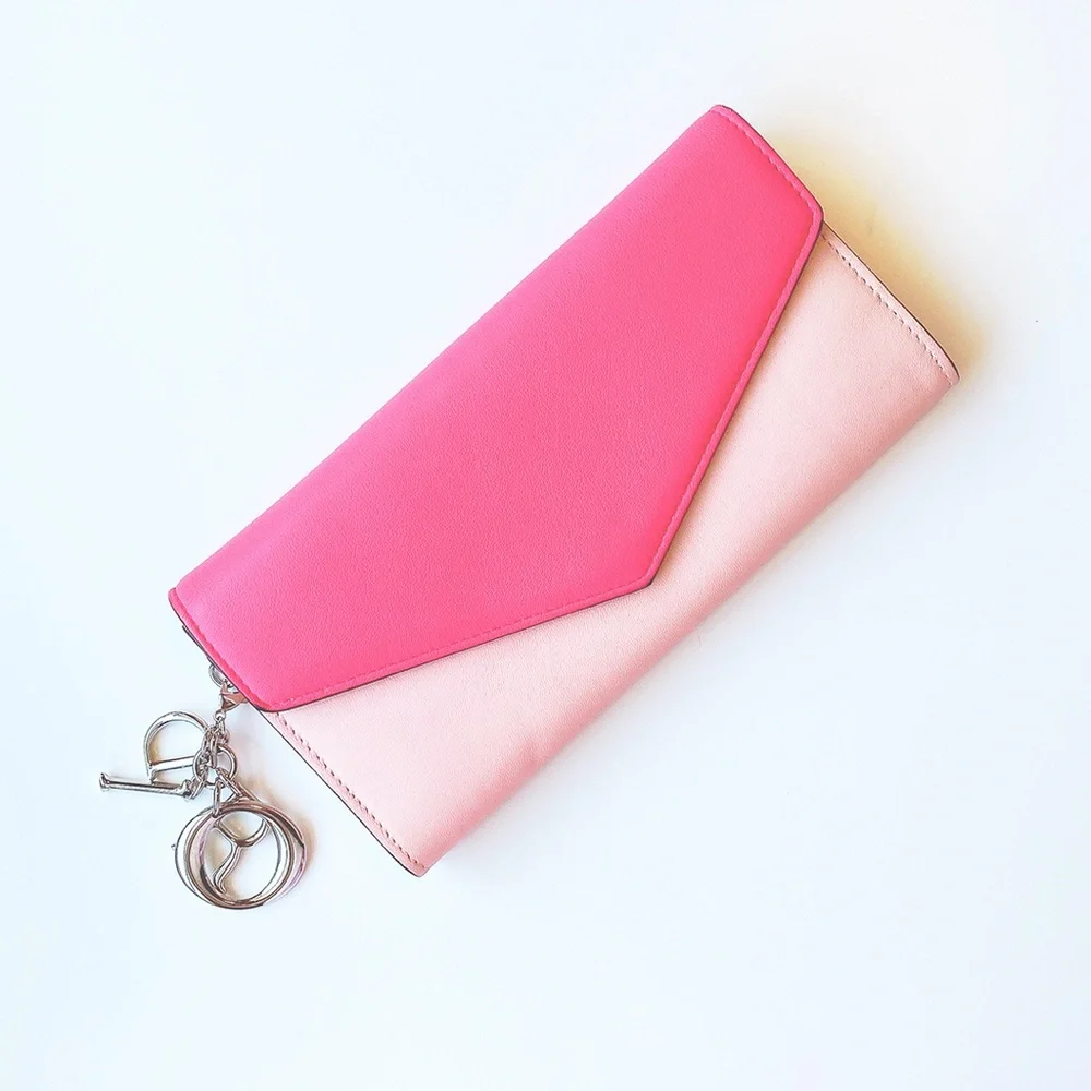 VHTF VINTAGE DIOR COLOR BLOCK CHARM CONTINENTAL LONG WALLET LEATHER ROSE PINK